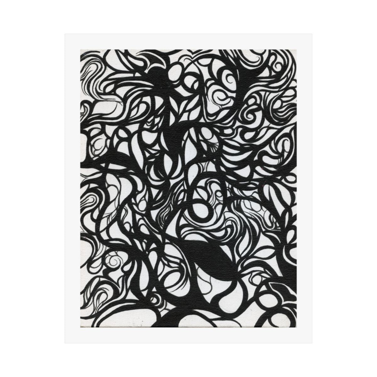 Print of an abstract painting in black ink on white, dense interlocking curved forms.
