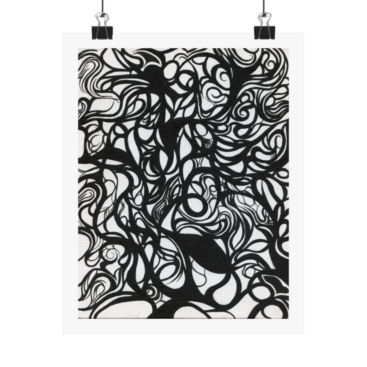 Print of an abstract painting in black ink on white, dense interlocking curved forms, shown hanging from binder clips.