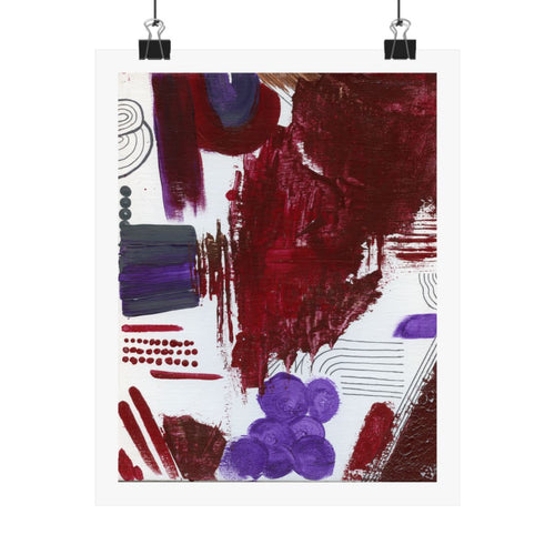 Print of an abstract painting in deep crimson, purple and grey, broad strokes with fine pen lines, shown hanging from binder clips.