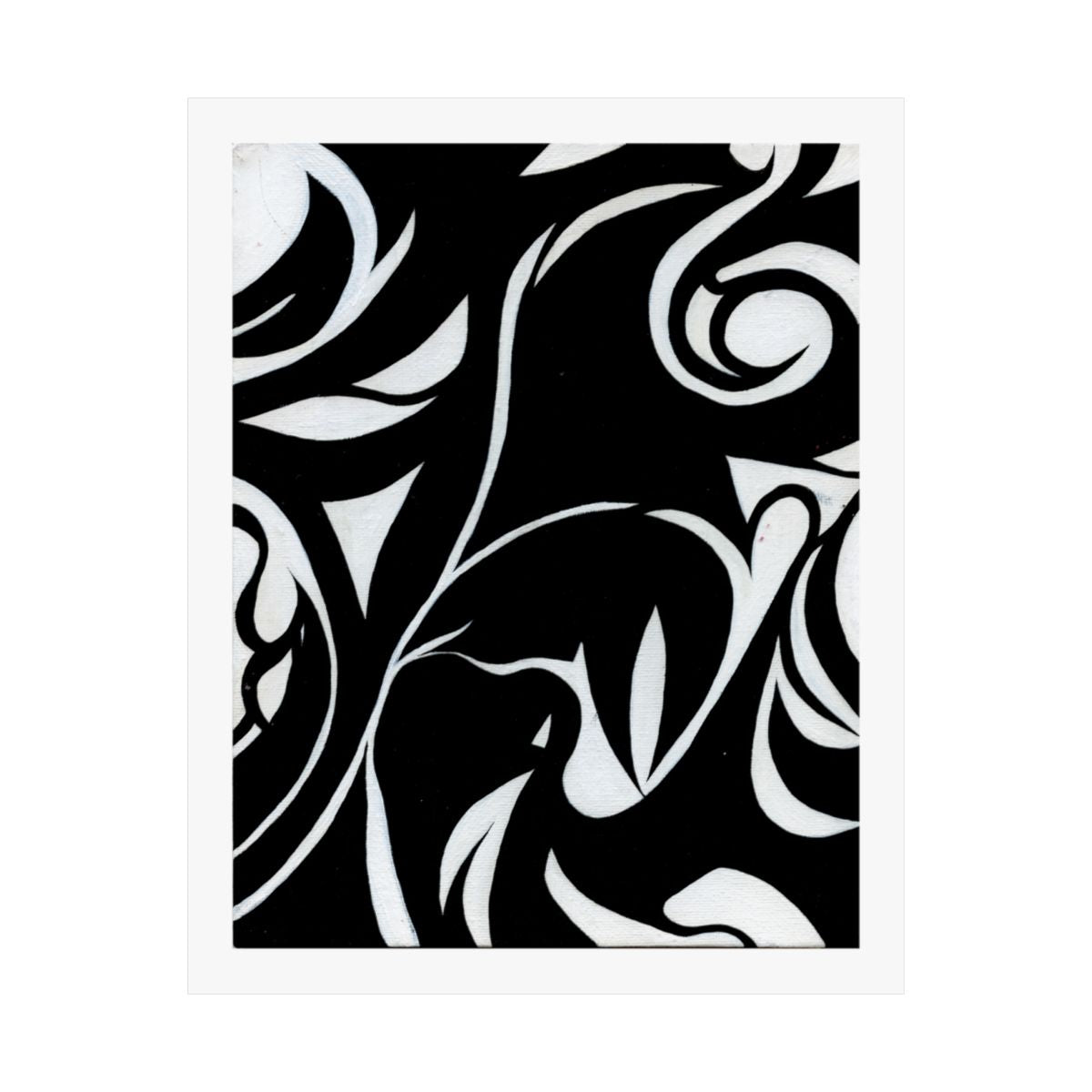 Print of an abstract painting in white on black, flowing leaf and vine forms.
