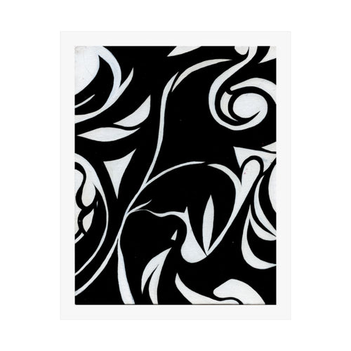 Print of an abstract painting in white on black, flowing leaf and vine forms.