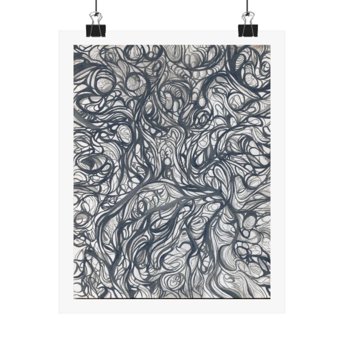Print of an abstract painting in grey wash over fine pen line work, layered rounded forms, shown hanging from binder clips.