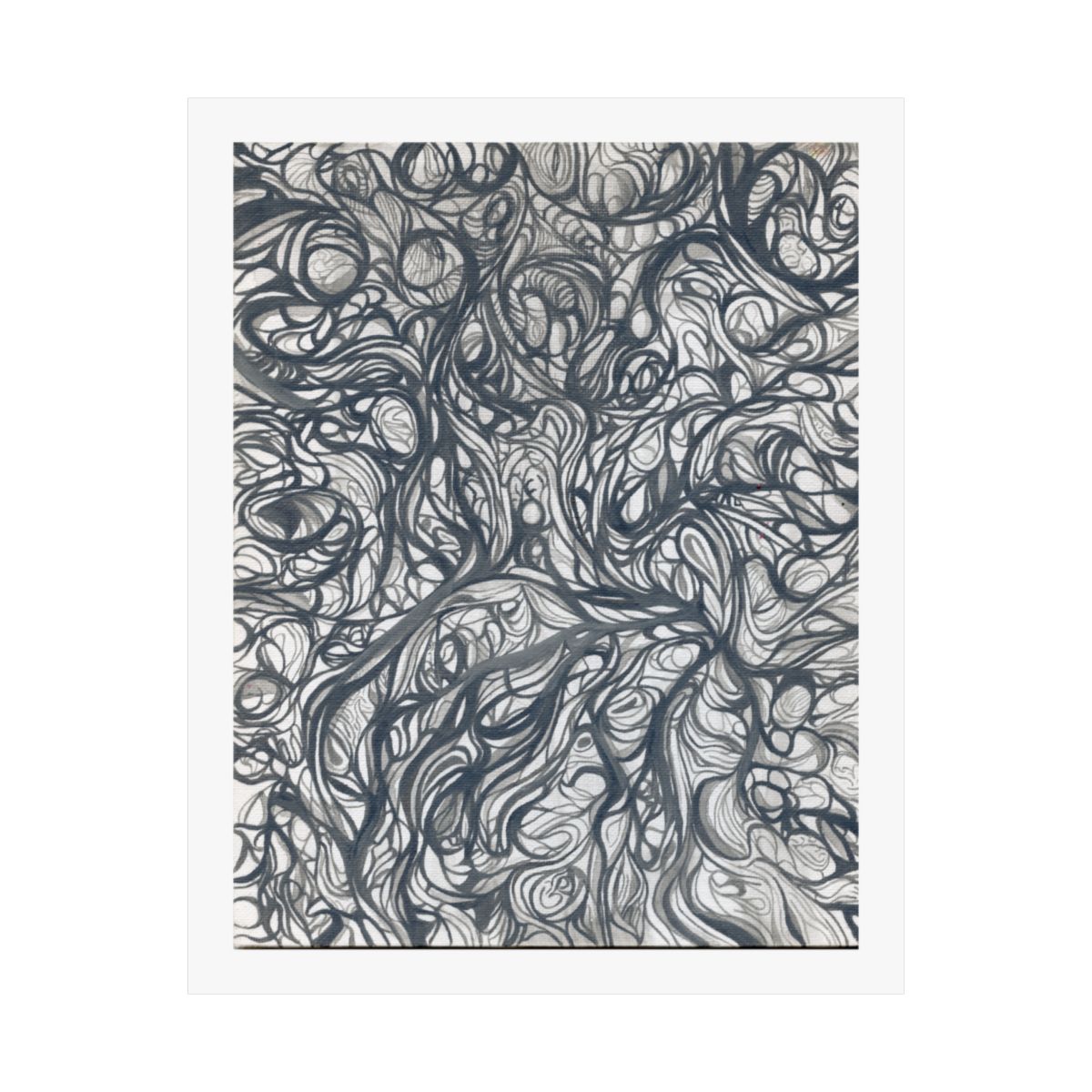 Print of an abstract painting in grey wash over fine pen line work, layered rounded forms.