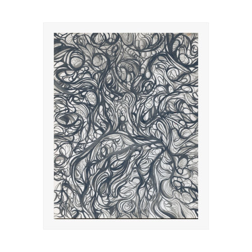 Print of an abstract painting in grey wash over fine pen line work, layered rounded forms.