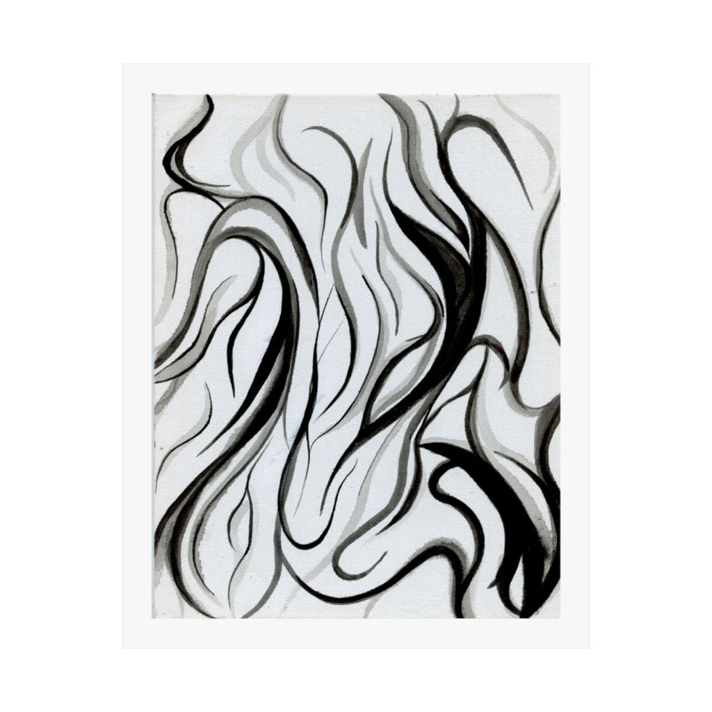 Print of an abstract painting of black and white flowing lines resembling smoke or long grass.