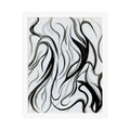 Print of an abstract painting of black and white flowing lines resembling smoke or long grass.