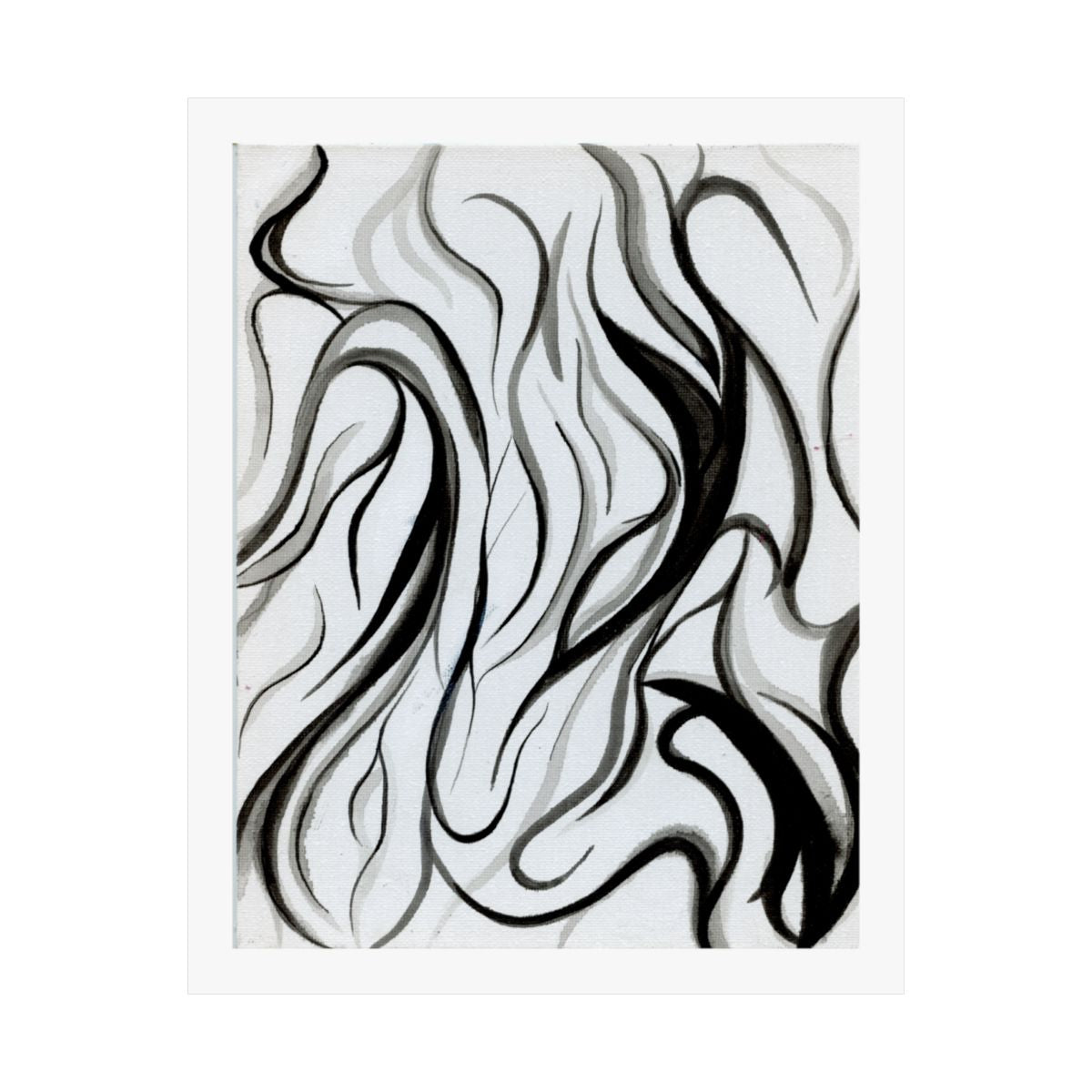 Print of an abstract painting of black and white flowing lines resembling smoke or long grass.