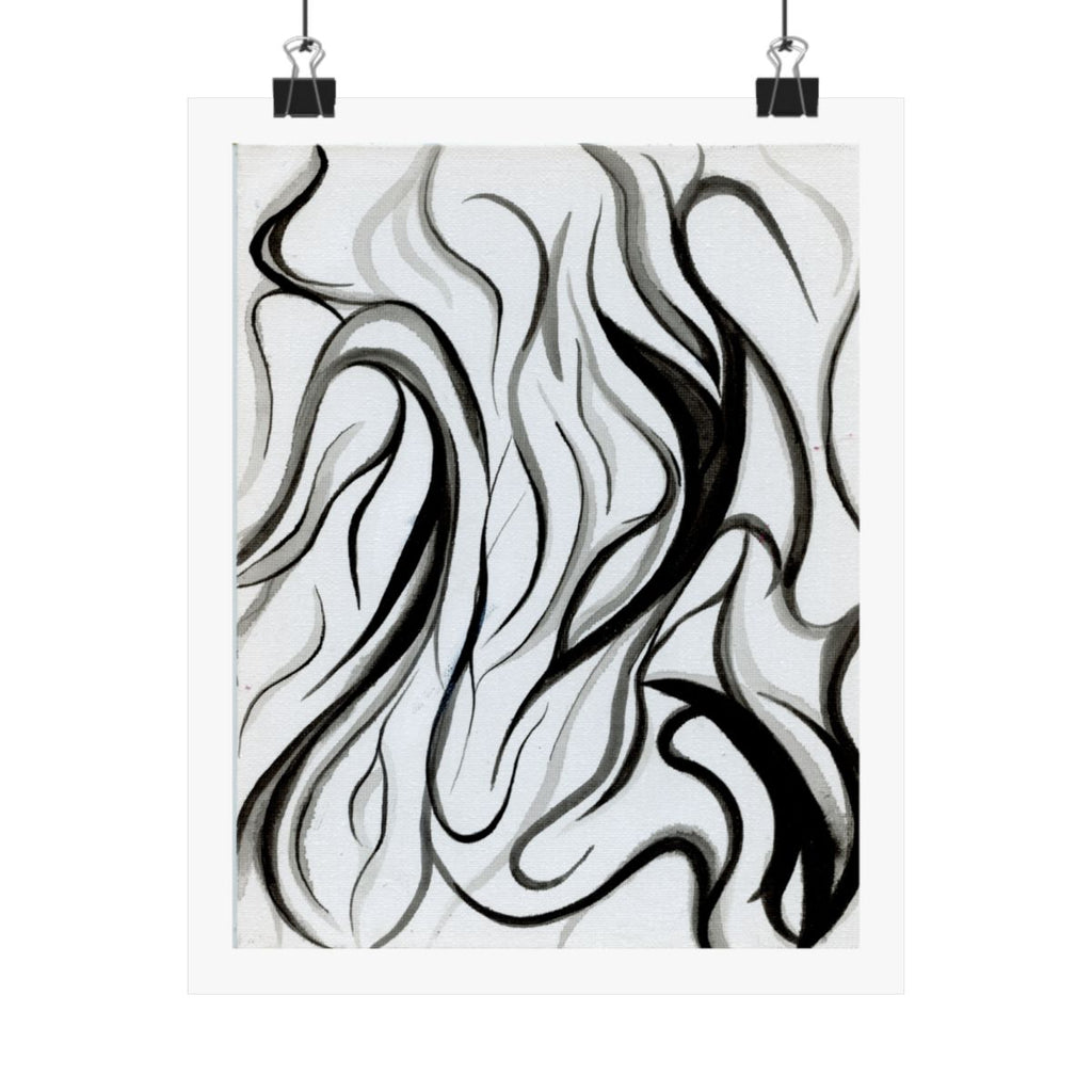Print of an abstract painting of black and white flowing lines resembling smoke or long grass, shown hanging from binder clips.