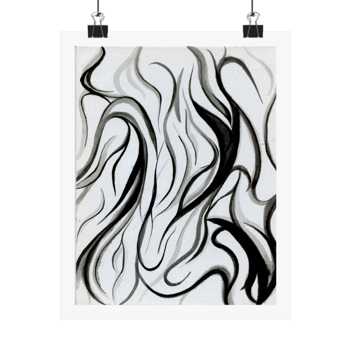 Print of an abstract painting of black and white flowing lines resembling smoke or long grass, shown hanging from binder clips.