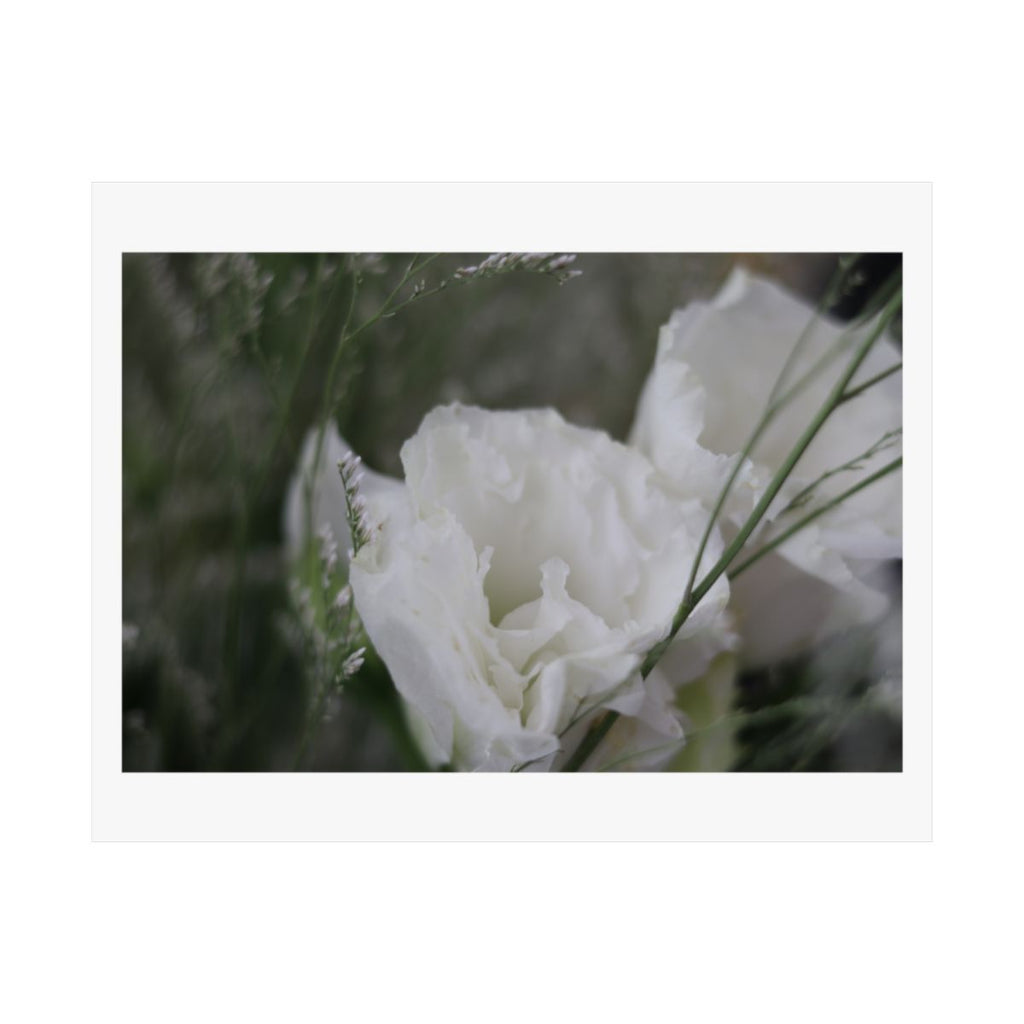 Print of a photograph of a white lisianthus bloom close up against green.